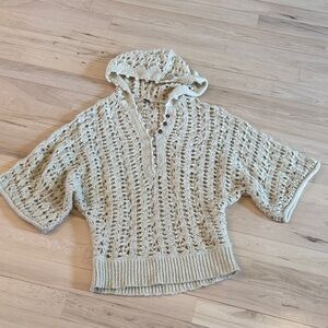 Free People Sweater Cream Loose knit-Crochet Chunky Hooded Buttons-Boho-Hippie-L